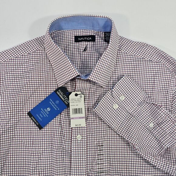 Nautica Classic Fit XXL Navy Print Performance Shirt 18 36/37 Stretch Cotton - Picture 1 of 6